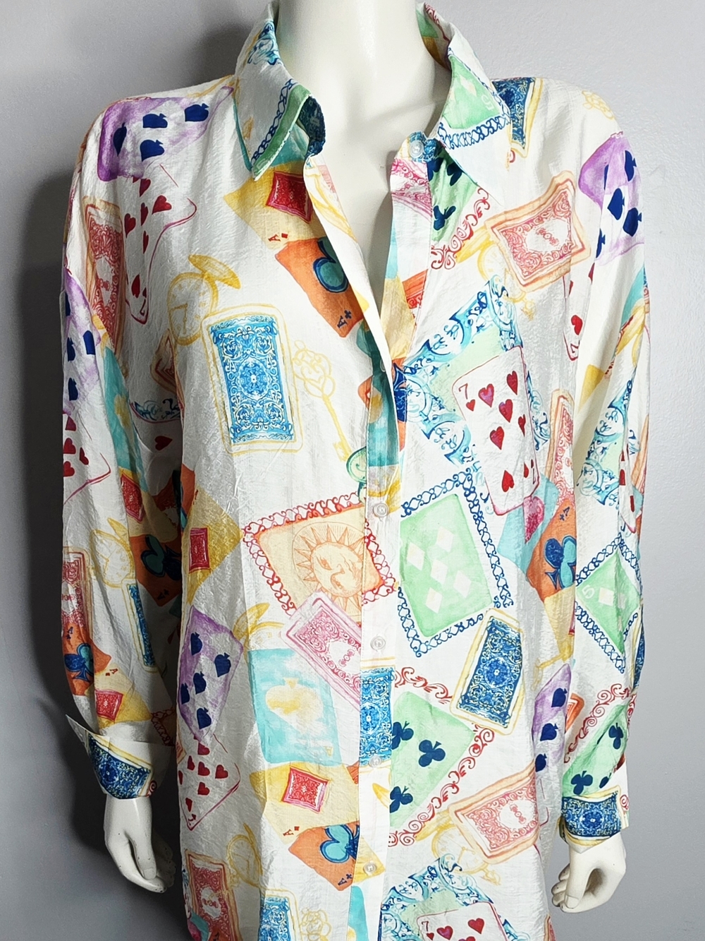 Women's Quirky Card & Celestial Print Linen Button-Up Shirt